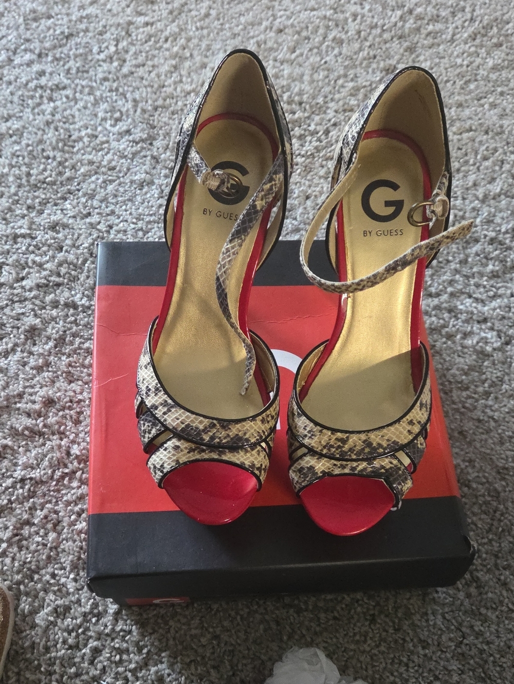 G by Guess Red Patent & Snake-Print Open-Toe Ankle-Strap Heels
